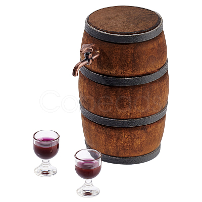 Wood & Alloy & Resin Red Wine Barrel & Wine Glass & Faucet Set DJEW-WH0050-23A-1