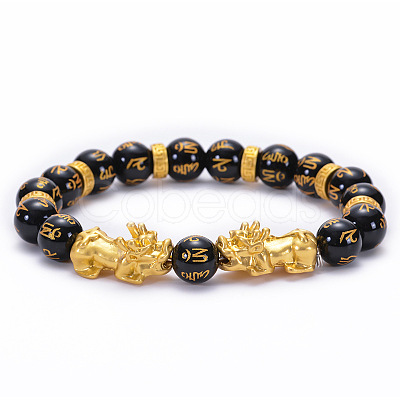 Natural Black Agate Pixiu Bracelet & Obsidian Couple Bracelet with Six-Word Mantra - 10MM Beads ST8068620-1