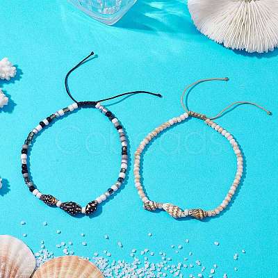 Glass with Natural Sea Shell Beads Anklet AJEW-AN00595-1