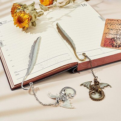 Gorgecraft 3Pcs 2 Style Pterosaur with Feather Luminous Zinc Alloy Bookmarks AJEW-GF0003-79-1