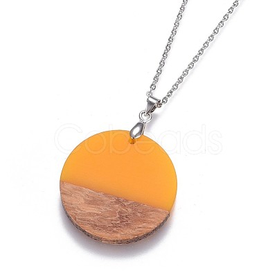 Flat Round Resin & Wood Pendant Necklaces NJEW-JN02324-M-1