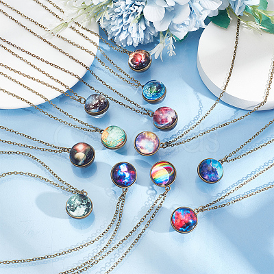 ANATTASOUL 12Pcs 12 Styles Glass Universe Ball Necklace NJEW-AN0001-47-1