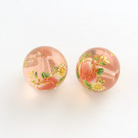 Flower Picture Frosted Glass Round Beads GFB-R004-14mm-T18-1