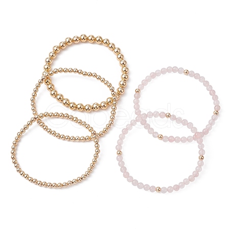 5Pcs 5 Style Natural Rose Quartz & Brass Beaded Stretch Bracelets Set for Women BJEW-JB09663-02-1