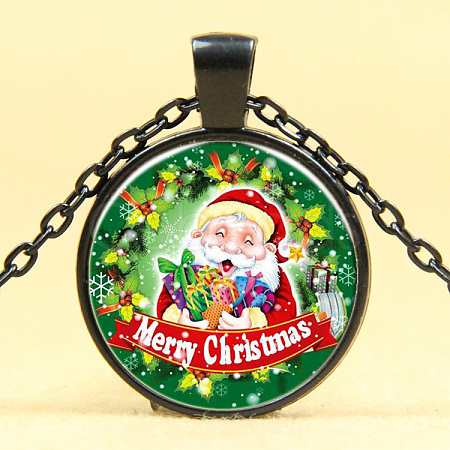 Merry Christmas Picture Glass Pendant Necklaces NJEW-D280-54B-1