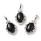 Natural Obsidian Oval Pendants, Platinum Tone Brass Micro Pave Clear Cubic Zirconia Flower Charms, Long-Lasting Plated, Lead Free & Cadmium Free, 30x19x10mm, Hole: 7.8x5mm