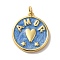 Brass Enamel Pendants, with Jump Ring, Real 18K Gold Plated, Cadmium Free & Lead Free, Flat Round with Heart & Word Amor Charm, Steel Blue, 20.5x18x2.5mm, Hole: 3mm