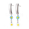 Rectangle with Flower Enamel Long Dangle Stud Earrings EJEW-N049-06B-2