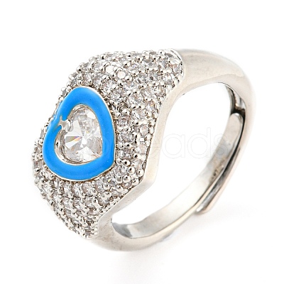 Enamel Heart Adjustable Ring with Clear Cubic Zirconia RJEW-Q781-01P-02-1