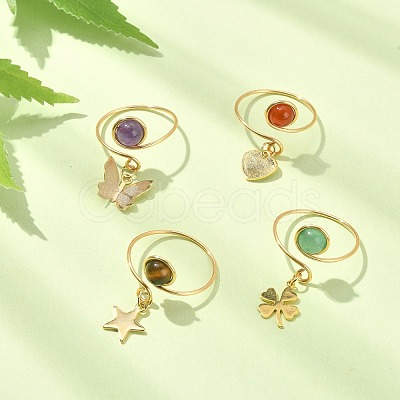 4Pcs 4 Style Natural Mixed Gemstone Open Cuff Rings Set RJEW-TA00078-1