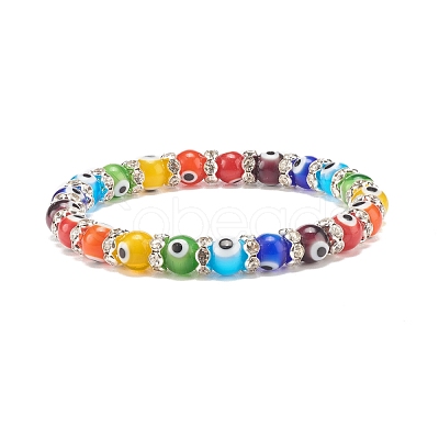 Colorful Evil Eye Lampwork Beaded Stretch Bracelet with Crystal Rhinestone for Women BJEW-JB07872-02-1