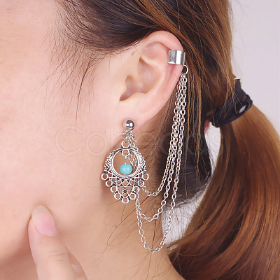 Retro Water Teardrop Turquoise and Twisted Chains Alloy Cuff Earrings EJEW-N0020-004B-1