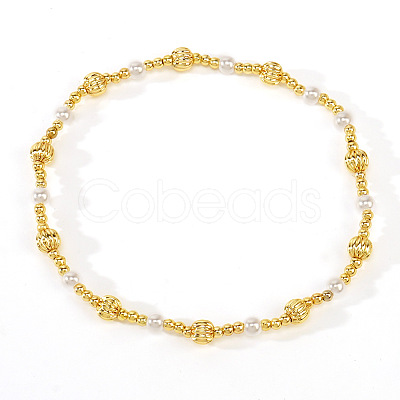 Fashionable Corrugated Brass & Plastic Imitation Pearl Beaded Stretch Bracelets for Women FW7019-1