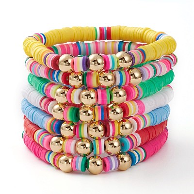 7Pcs Rainbow Polymer Clay Heishi Beads Stretch Bracelets Set BJEW-JB05889-1