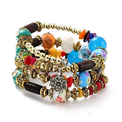 Boho Multi-strand Irregular Synthetic Turquoise Beads Wrap Bracelet BJEW-G635-02A-1