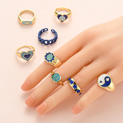 9Pcs 9 Style Alloy Enamel Signet Finger Rings and Cuff Rings Set RJEW-LS0001-58-1