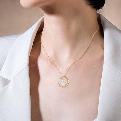 Natural Shell Bunny with Crescent Moon Pendant Necklace with Clear Cubic Zirconia JN1073A-1