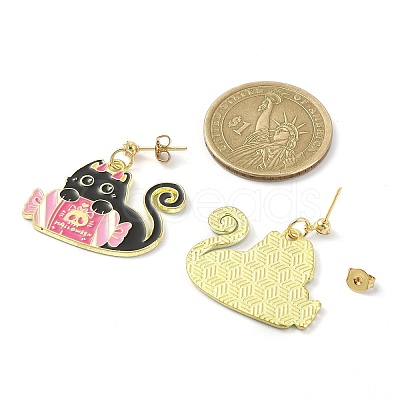 Halloween Theme Alloy Enamel Cat Dangle Stud Earrings with Brass Pins EJEW-JE05308-1