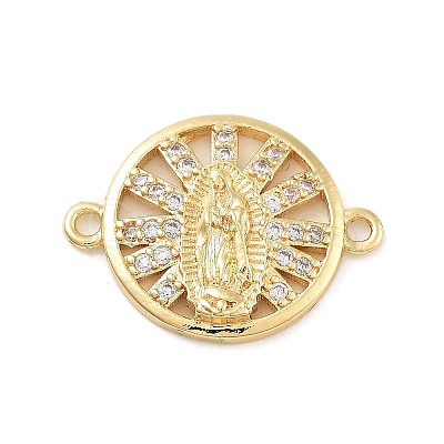 Rack Plating Brass Micro Pave Clear Cubic Zirconia Flat Round Connector Charms KK-C063-20G-1