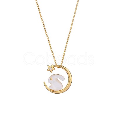 Natural Shell Bunny with Crescent Moon Pendant Necklace with Clear Cubic Zirconia JN1073A-1