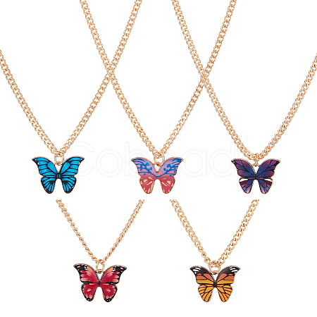 ANATTASOUL 5Pcs 5 Colors Butterfly Alloy Enamel Pendant Necklaces for Women NJEW-AN0001-80-1