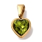 PVD Vacuum Plating 304 Stainless Steel Pendants, with Rhinestone, Heart, Golden, Olivine, 12x10x6mm, Hole: 7x3.5mm