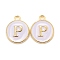 Golden Plated Alloy Charms, Cadmium Free & Lead Free, with Enamel, Enamelled Sequins, Flat Round with Letter, White, Letter.P, 14x12x2mm, Hole: 1.5mm