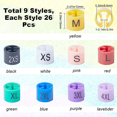 CRASPIRE 234Pcs 9 Colors 2XS~4XL Plastic Clothing Trouser Size Markers KY-CP0001-08-1