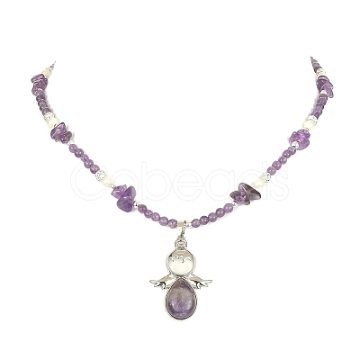 Natural & Synthetic Mixed Gemstone Angel Pendant Necklace with Shell Pearl Beaded Chains NJEW-JN04373-1