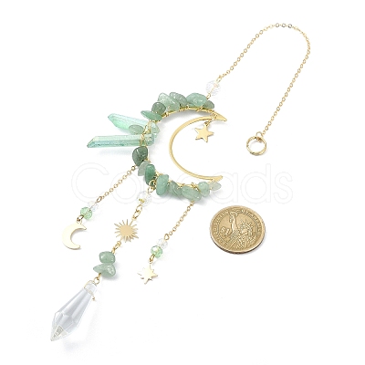 Natural Green Aventurine Chips & Brass Moon Pendant Decorations HJEW-TA00066-02-1