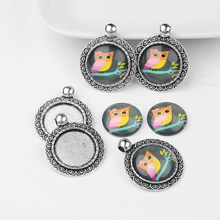 Antique Silver Alloy Pendant Cabochon Bezel Settings and Owl Printed Glass Cabochons TIBEP-X0180-B18-1