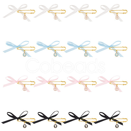 4Pcs 4 Color Satin Ribbon Bowknot & Alloy Enamel Cross Charms Safety Pin Brooches JEWB-AB00014-1