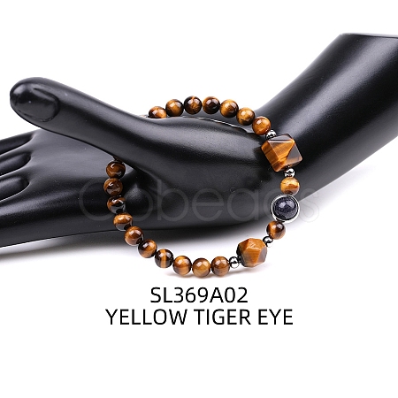 Natural Tiger Eye Pyramid & Synthetic Blue Goldstone Beaded Stretch Bracelet PW-WG46847-02-1