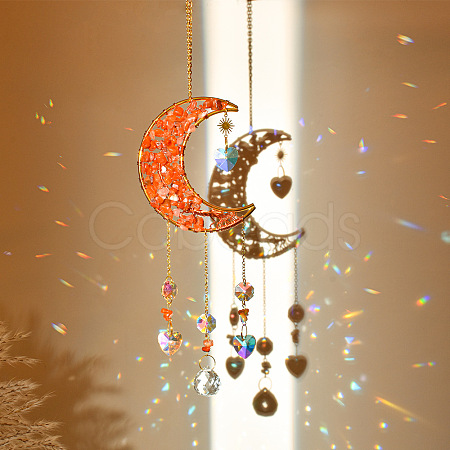 Natural Red Jasper Chip & Brass Moon Hanging Suncatcher Pendant Decoration PW23041118851-1