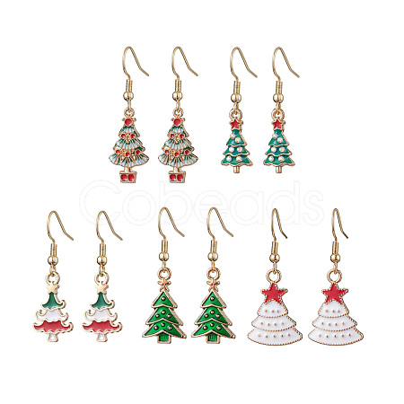 5Pairs 5 Styles Christmas Tree Alloy Enamel Dangle Earrings EJEW-JE05828-1