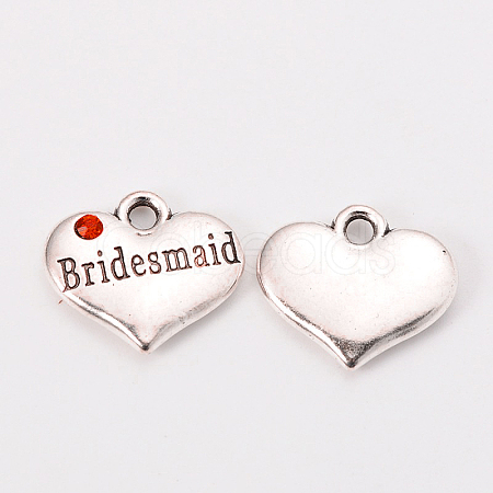 Wedding Theme Antique Silver Tone Tibetan Style Heart with Bridesmaid Rhinestone Charms X-TIBEP-N005-04B-1
