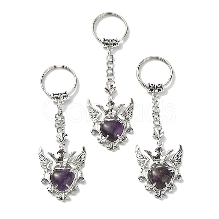 Natural Amethyst Heart with Wing Pendant Keychain G-Z033-04P-01-1