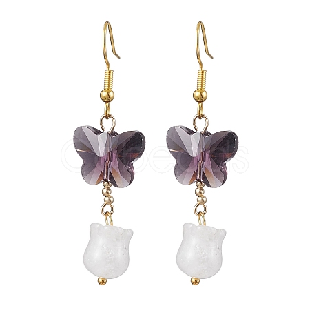 Butterfly Transparent Glass with Natural White Jade Dangle Earrings EJEW-JE05804-01-1