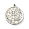 Non-Tarnish 201 Stainless Steel Machine Polishing Pendants, Flat Round with Tree of Life, Stainless Steel Color, 17.5x15x2.5mm, Hole: 1.6mm