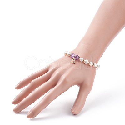 Natural Amethyst & Pearl Beaded Bracelet with Cubic Zirconia Heart Charm BJEW-JB08167-01-1