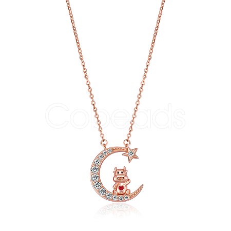 Chinese Zodiac Necklace Ox Necklace 925 Sterling Silver Rose Gold Cattle on the Moon Pendant Charm Necklace Zircon Moon and Star Necklace Cute Animal Jewelry Gifts for Women JN1090B-1