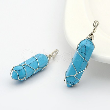 Bullet Synthetic Turquoise Wire Wrapped Pointed Pendants G-M225-04P-1