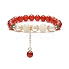 Natural Carnelian(Dyed & Heated) & White Moonstone & Pearl Beaded Stretch Bracelet with Tassel Charms for Women BJEW-JB09009-02-1