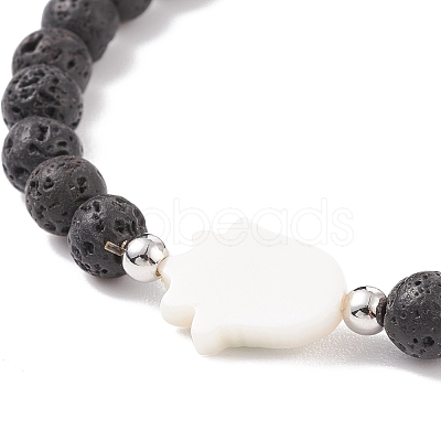 Hamsa Hand with Evil Eye Shell & Natural Lava Rock Beaded Stretch Bracelet BJEW-JB08235-04-1