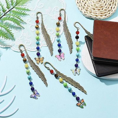 Butterfly Alloy Enamel Pendant Bookmark with Chakra Gemstone Bead AJEW-JK00253-1