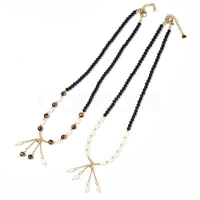 Tassel Pendant Necklace with Glass Beaded Chains for Women NJEW-F302-03-1