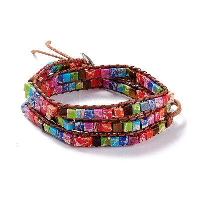 Synthetic Regalite/Imperial Jasper/Sea Sediment Cube Beaded Three Loops Wrap Bracelet BJEW-F420-04-1