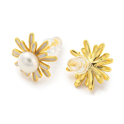 Brass Flower Stud Earrings with Natural Pearl EJEW-Z020-09G-1