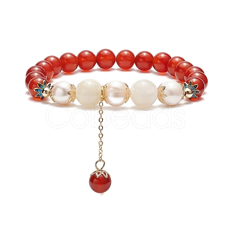 Natural Carnelian(Dyed & Heated) & White Moonstone & Pearl Beaded Stretch Bracelet with Tassel Charms for Women BJEW-JB09009-02-1