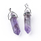 Natural Amethyst Double Terminated Pointed Pendants, with Platinum Plated Alloy Findings, Bullet, 41~43x8.5x7.5mm, Hole: 3.5x4.5mm